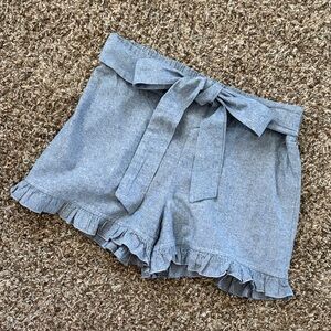 Lovely Day Blue Chambray High-Waist, Ruffle Hem, Front Tie Shorts, Size Large